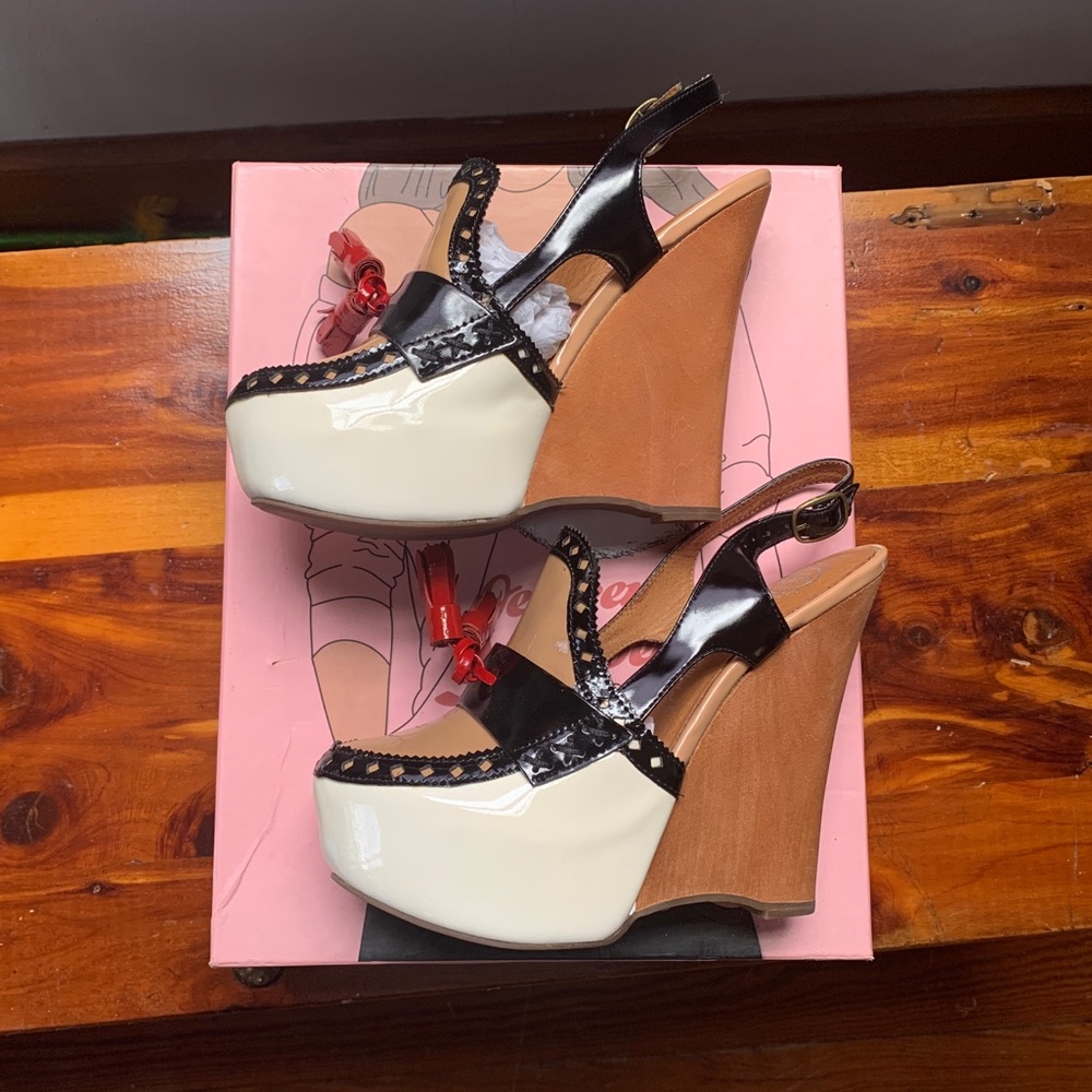New in box. Jeffery Campbell wedge. Denny size 7M in White/ nude/ red tassel.